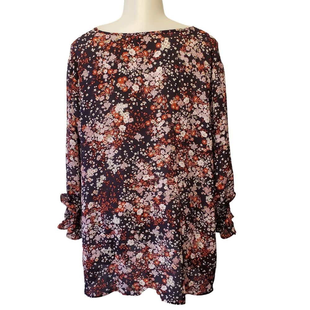 Est 1948 Tunic Blouse 18/20 Black Pink Floral V Neck Gathered 3/4 Sleeve - Picture 2 of 7